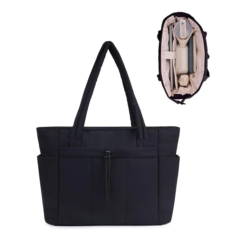 Ladies Lightweight Portable Tote Bag Quilted Travel Bag Casual Shoulder Bag in Black Khaki Colors small tote bags for women