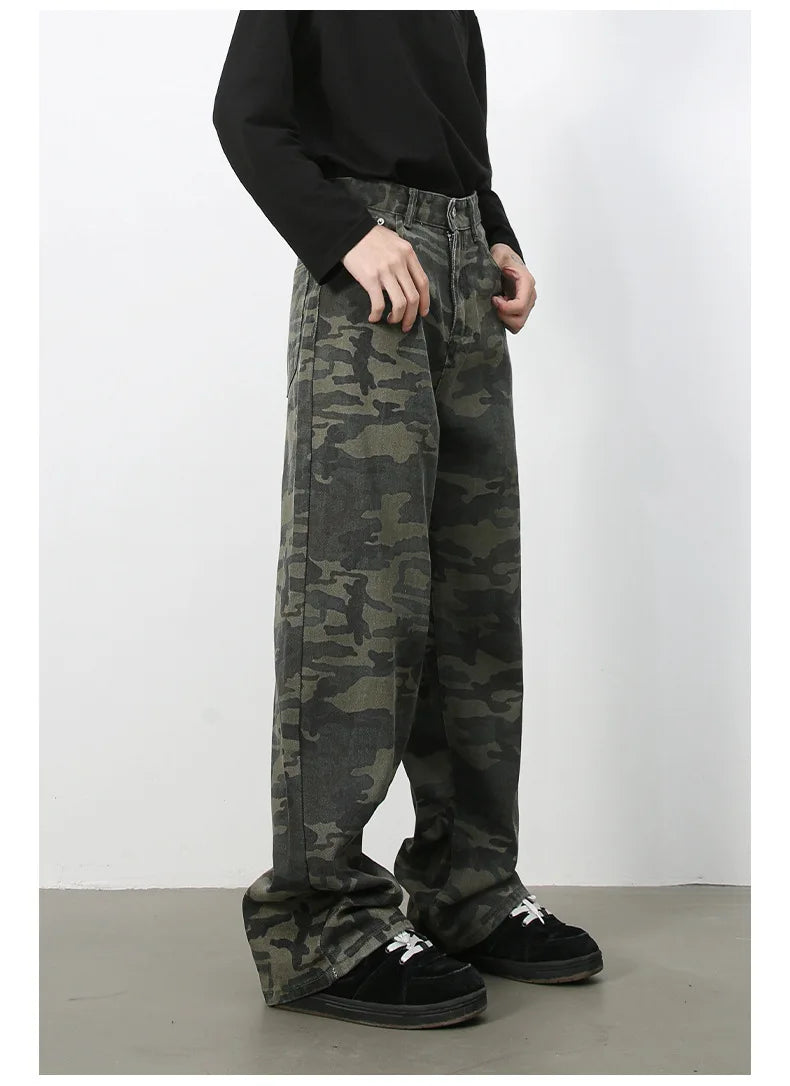 Tide Camouflage Jeans Men's Ins Loose Straight Wide Leg Casual Denim Pants Loose Male Trousers 12C2036