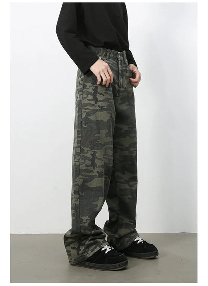 Tide Camouflage Jeans Men's Ins Loose Straight Wide Leg Casual Denim Pants Loose Male Trousers 12C2036