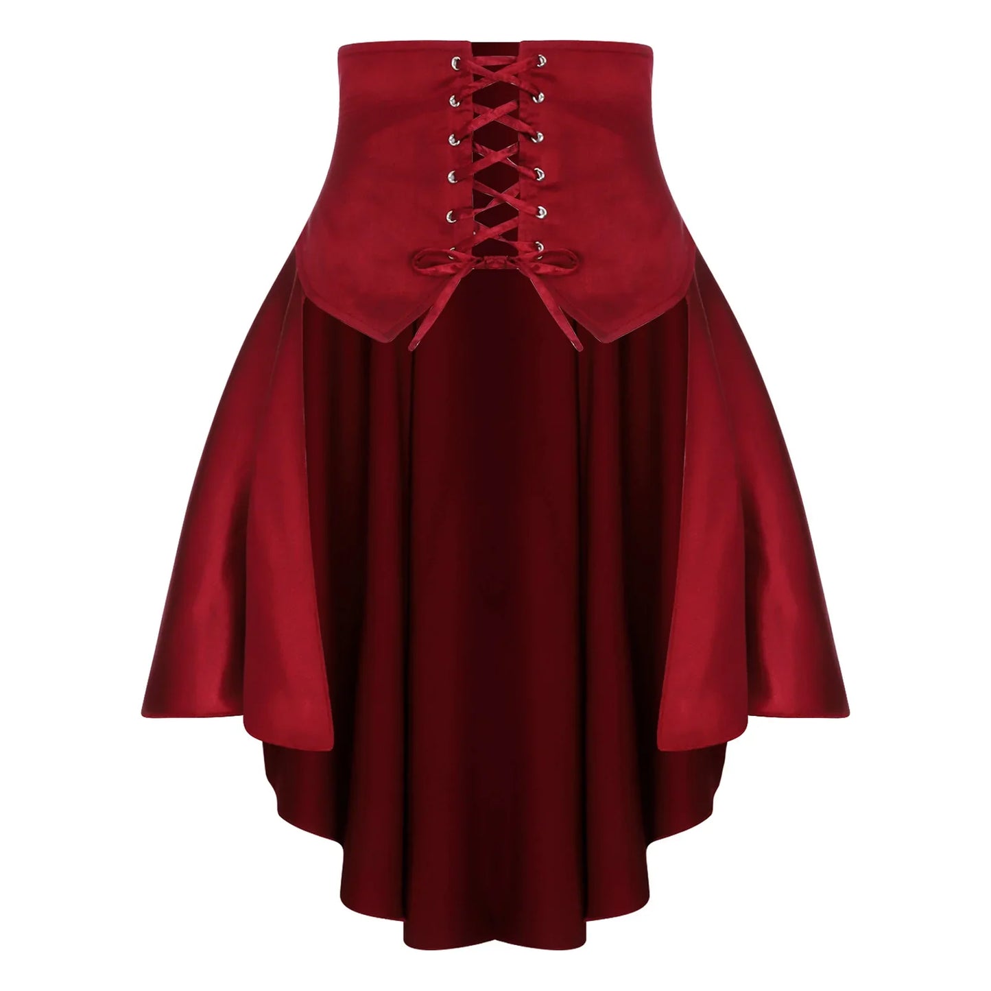 Womens Gothic Steampunk Satiny Pirate Skirt Front Lace-up Tiered Ruffled Irregular Hem Skirt Waist Belt Vintage Medieval Costume