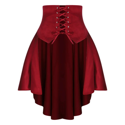 Womens Gothic Steampunk Satiny Pirate Skirt Front Lace-up Tiered Ruffled Irregular Hem Skirt Waist Belt Vintage Medieval Costume