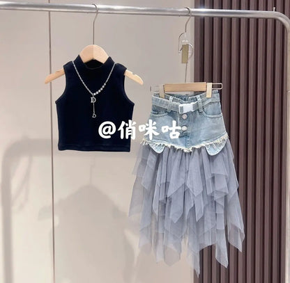 Girls' Summer New Set 2025 Korean Version Baby Girl Tank Top Mesh Splicing Cowboy Skirt Set kids jacket