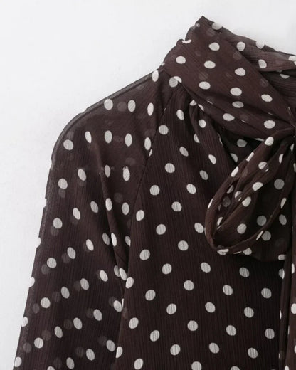 Elegant Women Polka Dot Blouse, Spring Bow Tie Lantern Sleeve Layered Neck Chiffon Shirt, Casual Daily Office Top