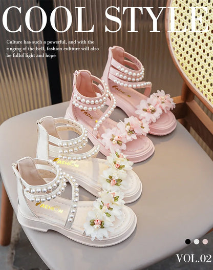 Children's Sandals for Girls Elegant Sandals Pearl Beading Sweet Princess Dress Shoes Kids High-top Roman Sandals Back Zipper