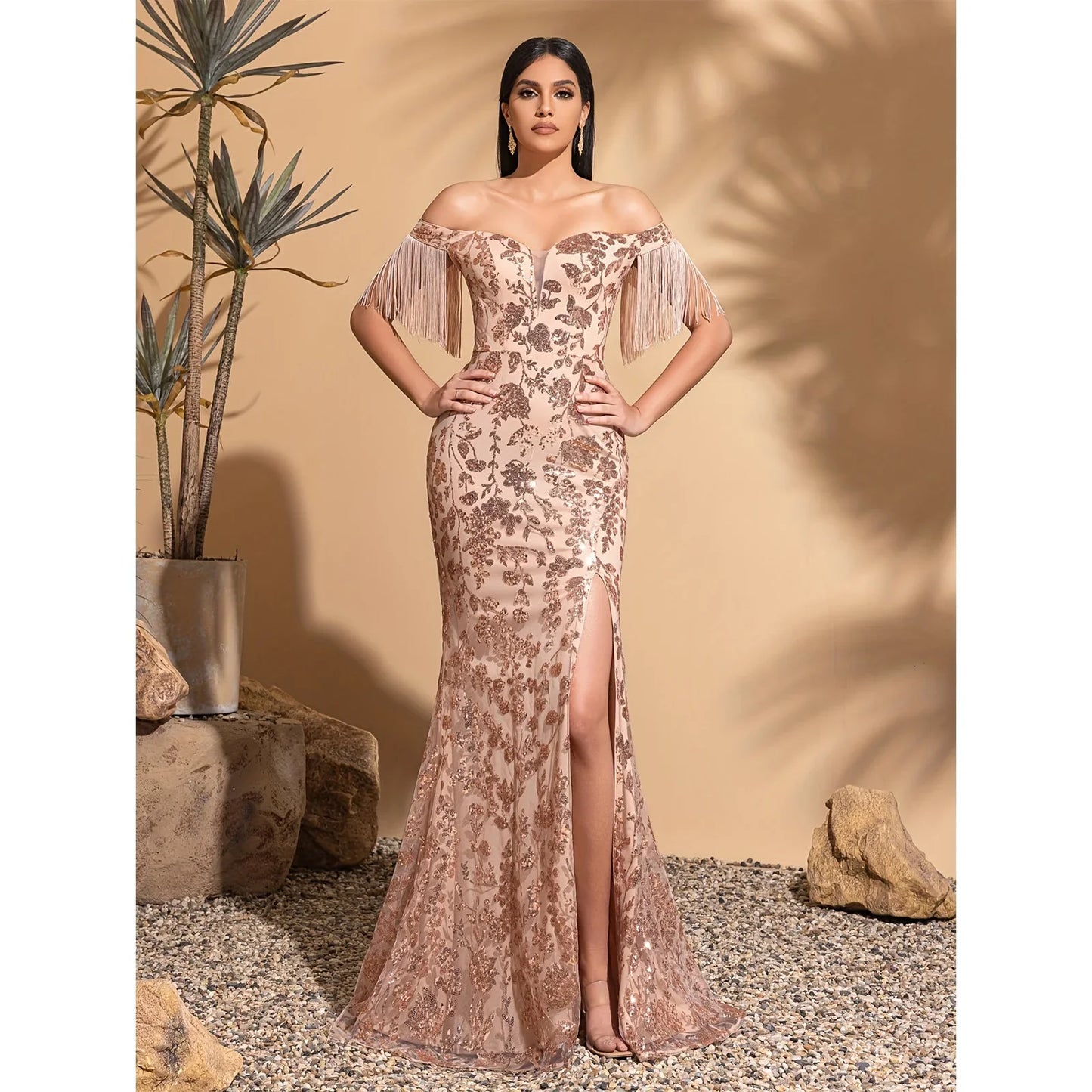 Off-the-shoulder sequined tassel sleeve slit dress
