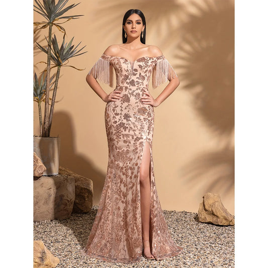 Off-the-shoulder sequined tassel sleeve slit dress