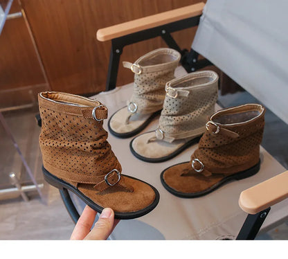 Ankle-strap Summer Slouchy Boots for Girls Suede Leather High-top Sandals Princess Cut-outs Flip Flop Dress Shoes Child J03203