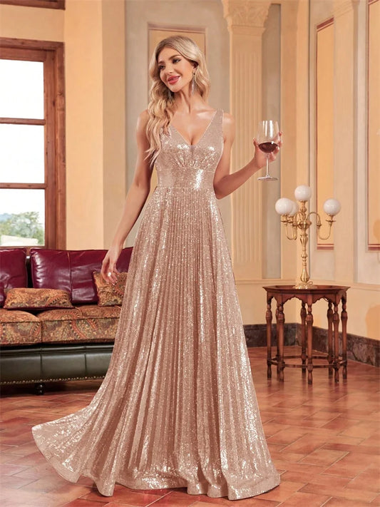 Luxury V Neck Sleeveless Formal Evening Dress Women 2024 Sequins Wedding Party Prom Maxi Cocktail Dresses Vestidos