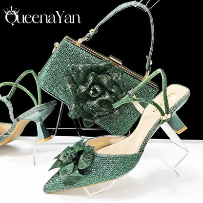 Large Flower Design Shoes & Bag Nigerian Coffee Color Women's Stiletto Shoes For Special Good Time INS Style