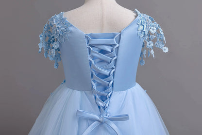 Lace up Tulle Flower Girl Dress Chest with flowers First Communion Ball Gown Wedding Party Bridesmaid Dress Kids 12Y