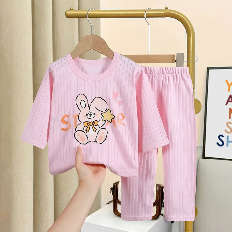 Cartoon Bear Print Tops+Trouser Fashion Home Clothing Boys And Girls Spring Summer 2024 New Sleepwear 2pcs Toddler Thin Suits