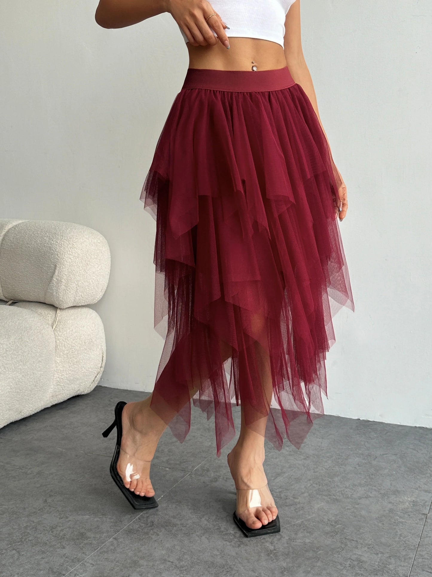 Ladies' high waisted elastic waist layered chiffon midi skirt with irregular asymmetric hem party casual mesh fairy ballet skirt