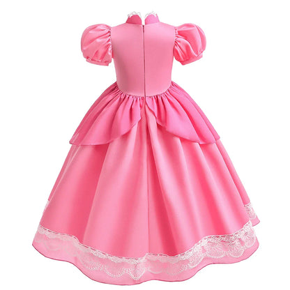 Fantasia de Princesa Pêssego com Luz LED Colorida para Aniversário de Criança Jogo de Roleplay Vestido de Menina para Halloween Festival Rosa Renda 2-9 Anos C