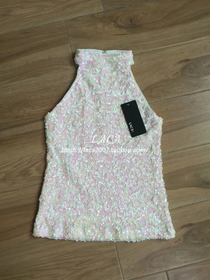 Sequins Women Fashion Shimmer Flashy Embellished High Quality Halter Neck Sleeveless Vest Sexy Tank Top Clubwear Stage Perform