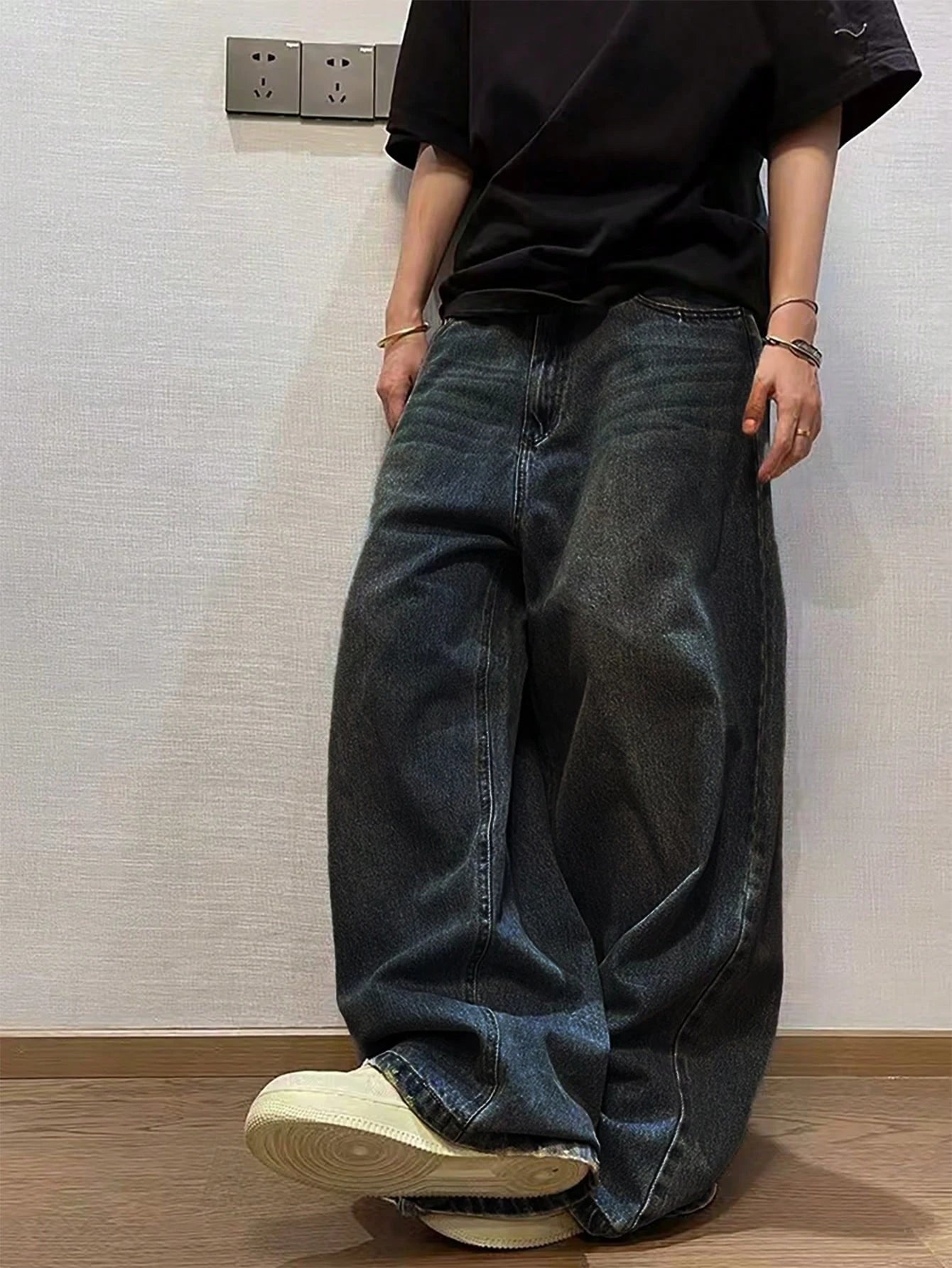 1 Calça Larga Masculina Jeans Escovado Jeans Largo Y2K Novo Rocks Jeans Buggy Preto Calça Hip-Hop