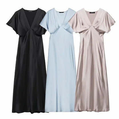 Satin Long Dress Woman Black Draped Midi Dresses for Women Elegant Party Women Dresses Short Sleeve Chic Female Dress