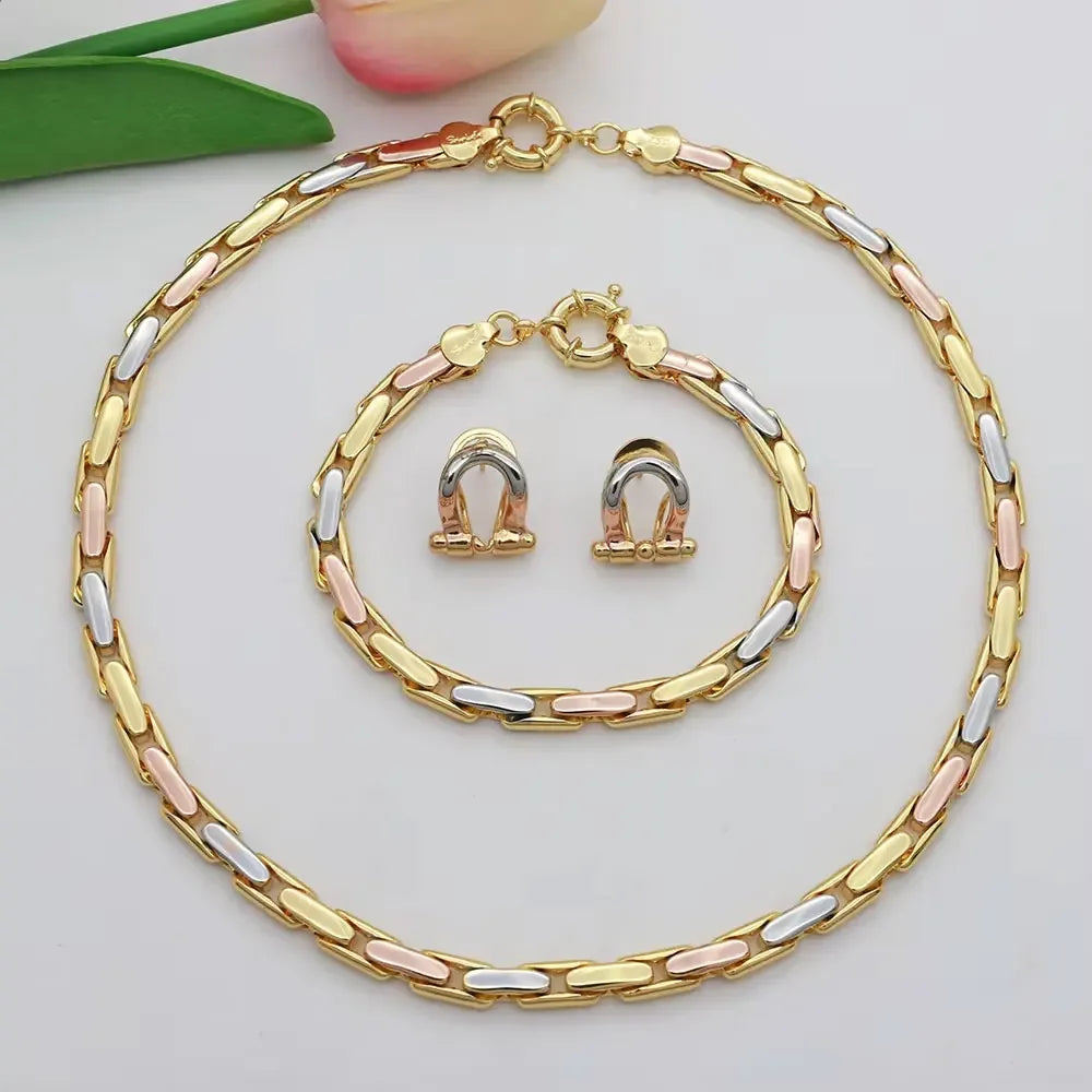 High Grade African Jewelry Women Necklace Bracelet Moderate Size Copper Earring Neck Chain 45CM Hip Hop Wholesale Accessories