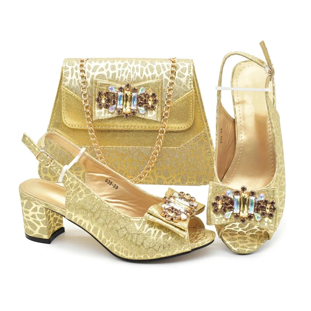 Nigerian Latest Shoes and Bags To Match Shoe and Bag Set for Party in Women Italian Rhinestones Elegant Peep Toe Sandals