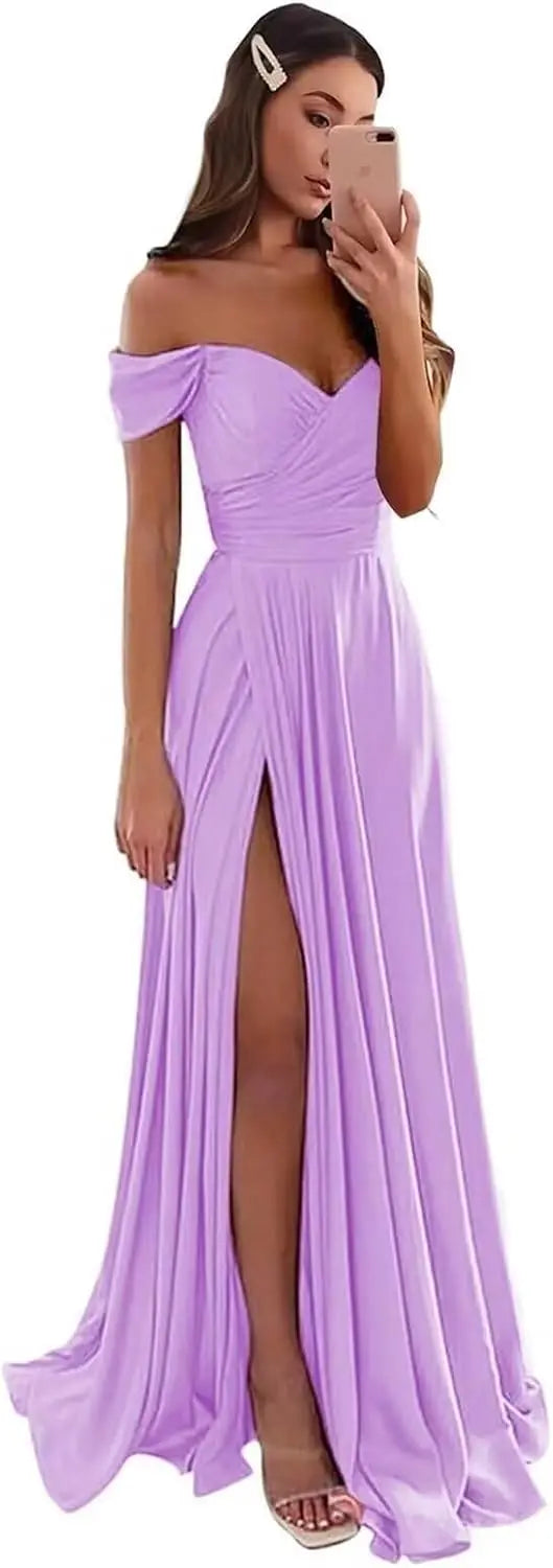 Women's Satin Prom Dresses Long Slit Formal Dresses Off Shoulder Evening Wedding Party Gowns Ruched Sweetheart Lace up Back