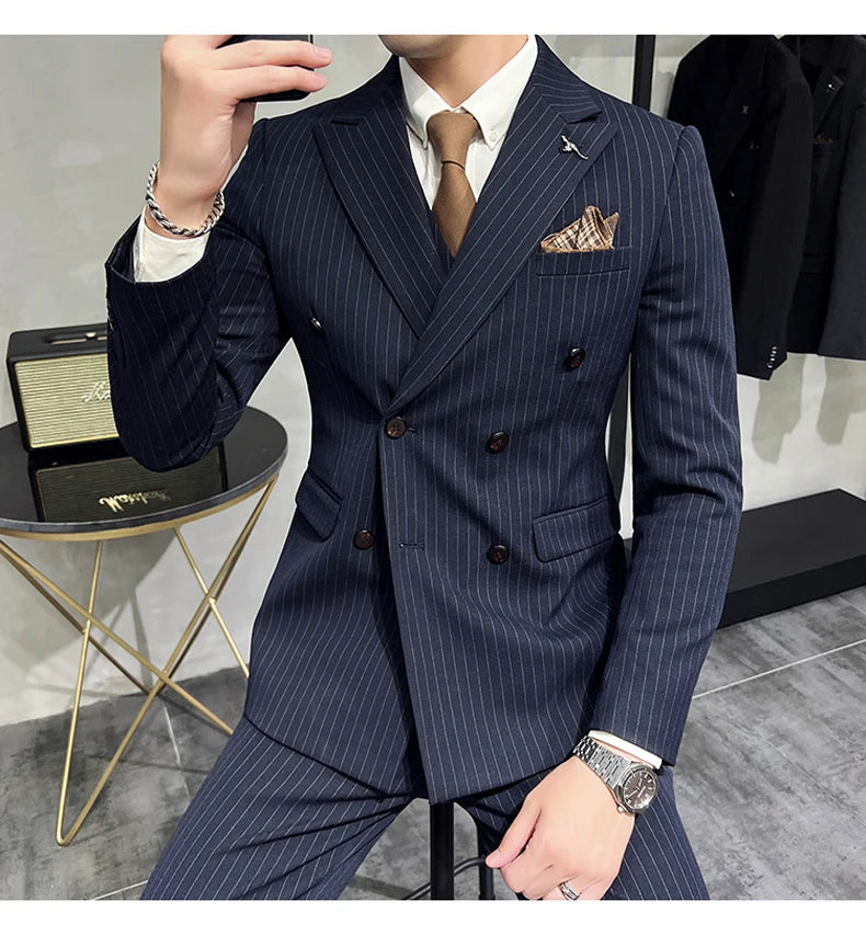 ( Blazer+Vest+Pants ) Groom Wedding Male Suit Luxury Brand Fashion Striped Men's Casual Business Office Double Breasted Suit