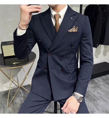 ( Blazer+Vest+Pants ) Groom Wedding Male Suit Luxury Brand Fashion Striped Men's Casual Business Office Double Breasted Suit