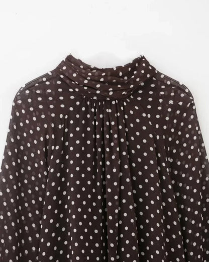 Elegant Women Polka Dot Blouse, Spring Bow Tie Lantern Sleeve Layered Neck Chiffon Shirt, Casual Daily Office Top