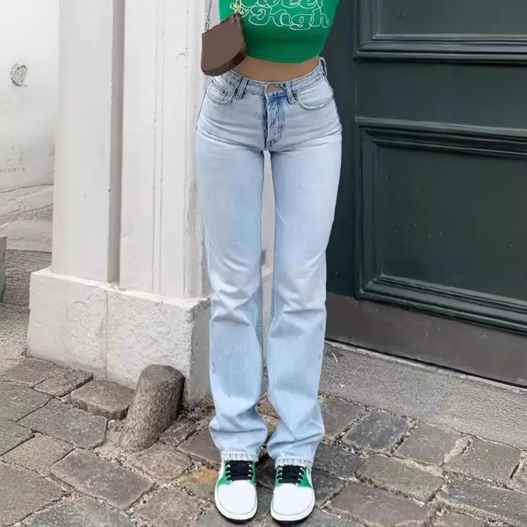 Women's light blue washed straight jeans