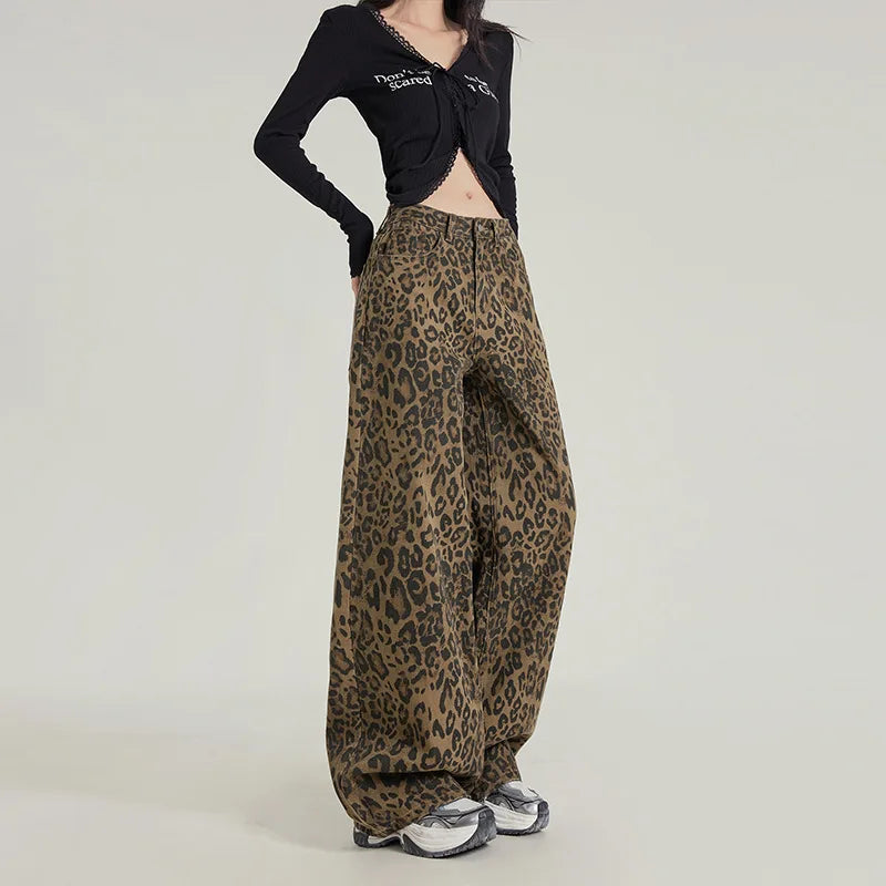 High Waist Leopard Jeans Women Wide Leg Jean