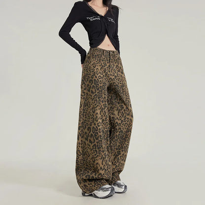 High Waist Leopard Jeans Women Wide Leg Jean