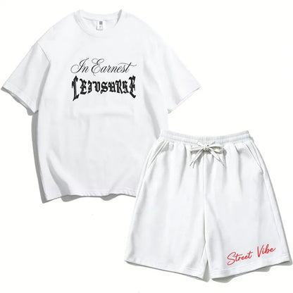 2Pcs Boys Cotton Summer Outfit Gothic Street Style Print T-shirt and Shorts Casual Sportswear for Kids 3-14Y RZ29