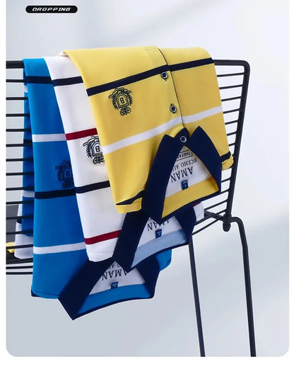 Light luxury brand short sleeve men's POLO shirt summer fashion personality striped badge top breathable ice silk casual T-shirt