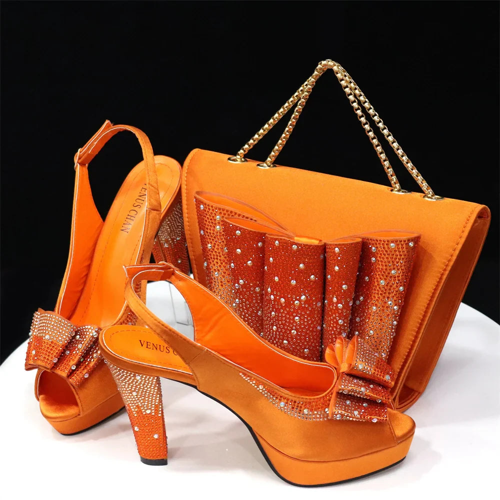 Shoes Matching Bag With Applique Mature African Ladies Super High Heels Sandals for Party Fashionable Italian Women