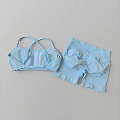 2PCS Women's High Waist Seamless Yoga Gym Set Sports Bra Top with Scrunch Shorts Fitness Workout Sportswear