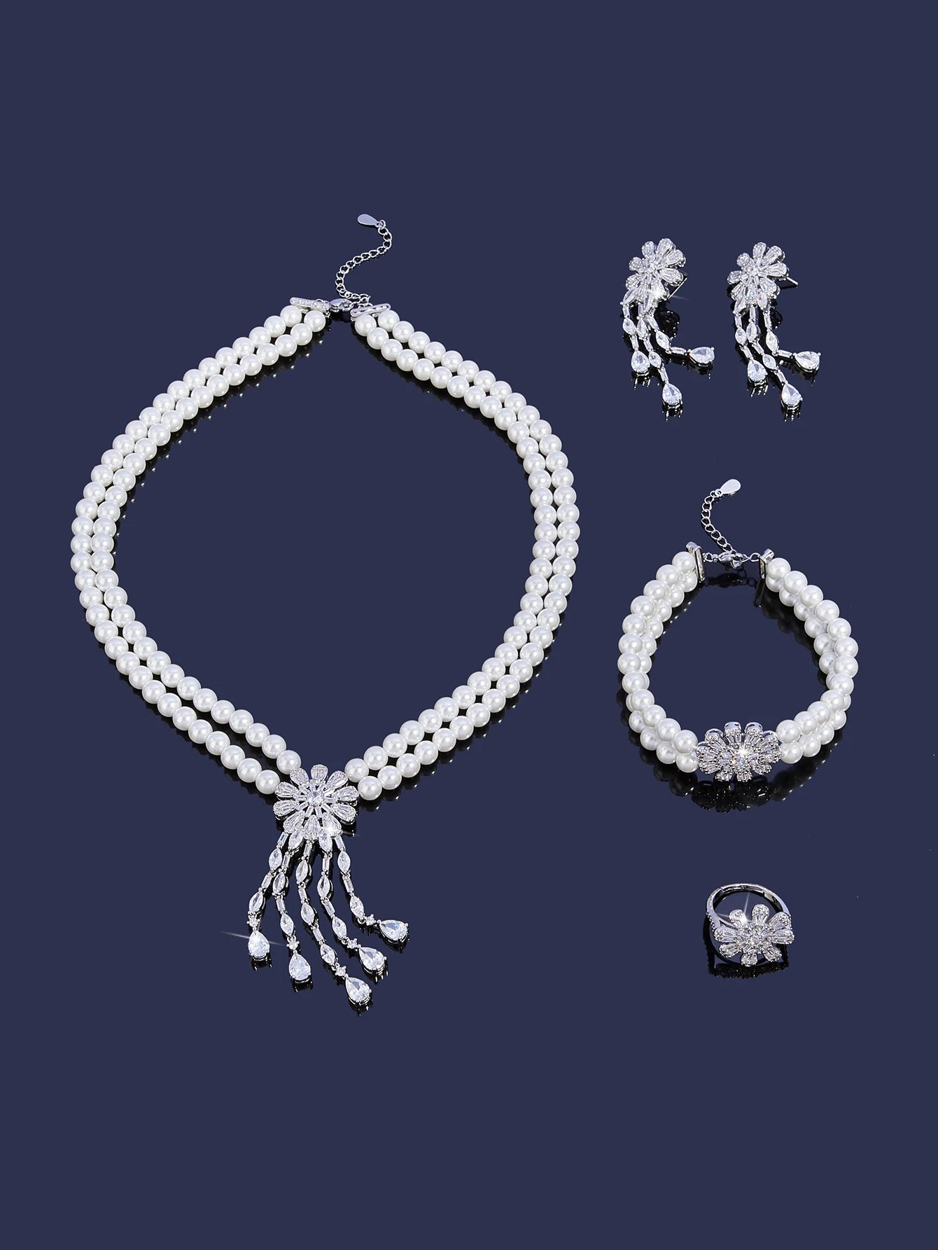 Trendy Pearl Tassel Necklace 4PCS Jewelry Set For Women Wedding Party Full Zircon Dubai Bridal Jewelry Set Gift