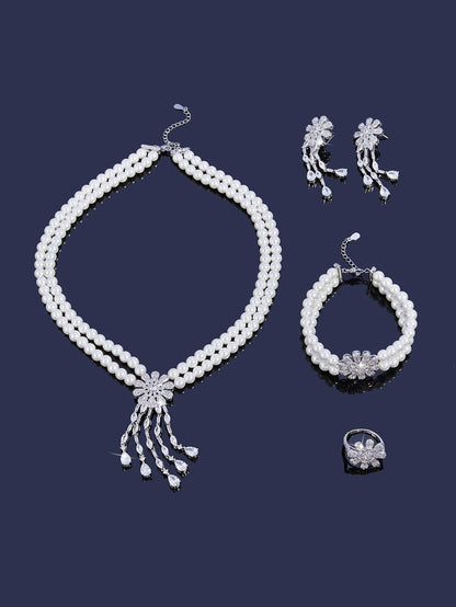 Trendy Pearl Tassel Necklace 4PCS Jewelry Set For Women Wedding Party Full Zircon Dubai Bridal Jewelry Set Gift