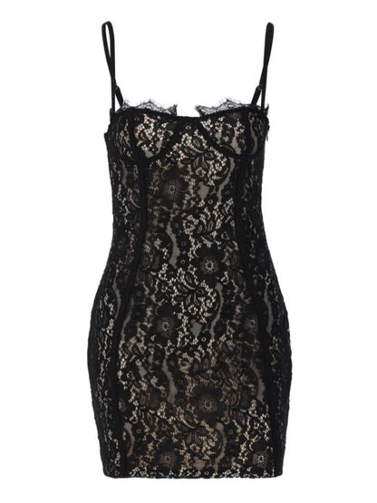 Sexy See Through Lace Spaghetti Strap Mini Dresses Women Package Hip Bodycon Party Night Club Dress Female Streetwear Vestidos