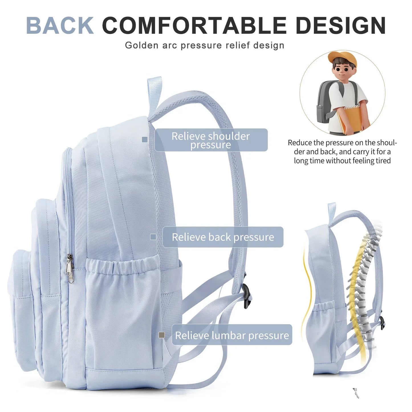 Casual Nylon Backpack, Backpack for Women, Multi-Pocket Design in Light Blue Durable for School, High School and College Bookbag