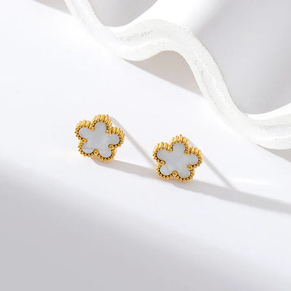 Stainless Steel White Plum Blossom Plant Leaf Flower Set Reversible Necklace Earrings Bracelet Women Clover Jewelry