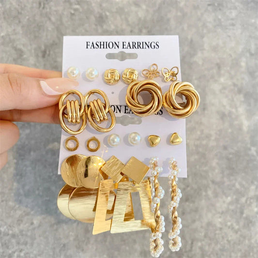Vintage 2Sets/Pack Gold Color Metal Twist Pearl Hoop Earrings for Women Girls Geometric Knot Heart Dangle Earring Set Jewelry