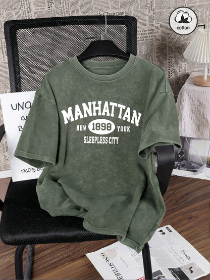Manhattan New York Sleepless City Print Washed T Shirt Man Summer O-Neck Retro T-Shirts Fashion Cotton All-Match Top Unisex Tee