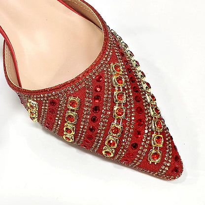 Women's Party Shoes & Bag Set – Elegant Golden Rhinestone Spring/Summer Sandals with Pointed High Heels