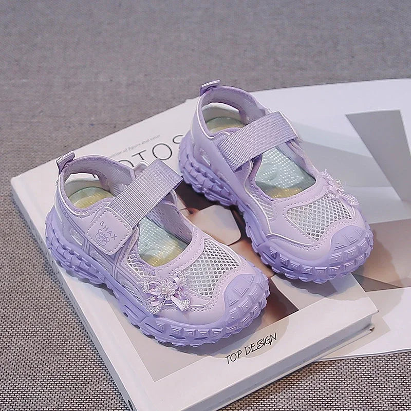 2026 summer new girls' bow mesh toe sandals soft and casual beach sandals children's outdoor walking non slip flat shoes