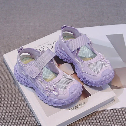 2026 summer new girls' bow mesh toe sandals soft and casual beach sandals children's outdoor walking non slip flat shoes