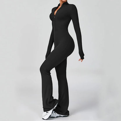 VITALINOVO Women Long Sleeve Flare Workout Jumpsuit Zip Up Romper Bottom Pants Wide Leg Full Length Bodysuit Bodycon One Piece