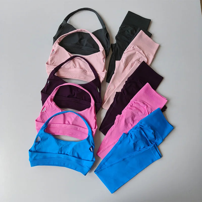 Sports Suit Women's Running 2PCS Set Seamless Yoga Thin Straps Beautiful Back Fitness Bras Gym High-waisted Peach Leggings Sets
