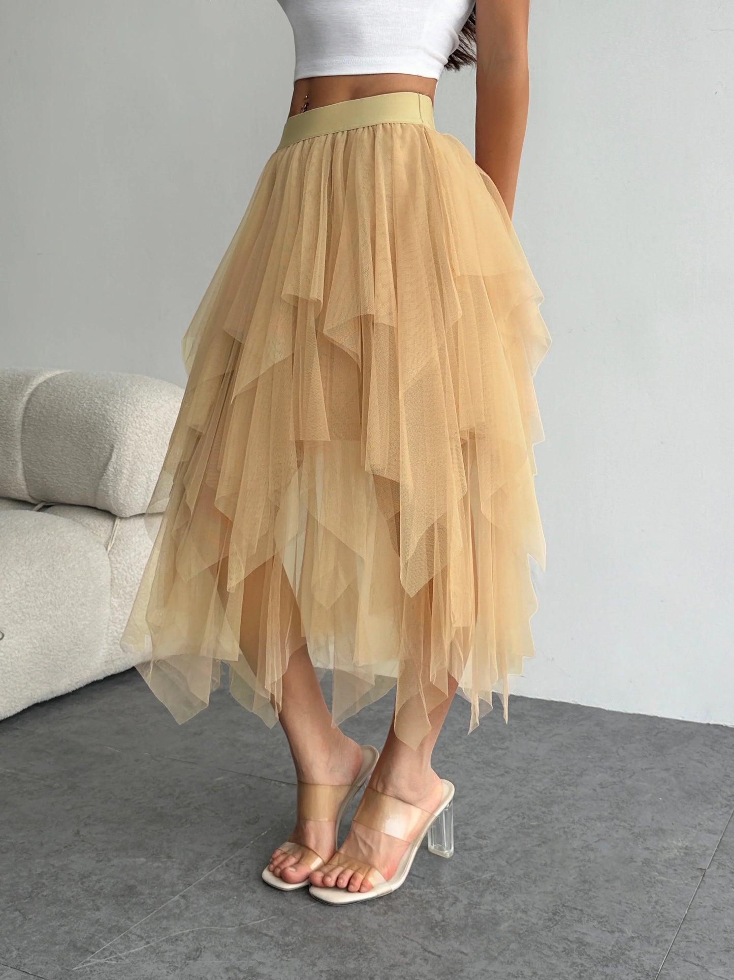 Ladies' high waisted elastic waist layered chiffon midi skirt with irregular asymmetric hem party casual mesh fairy ballet skirt