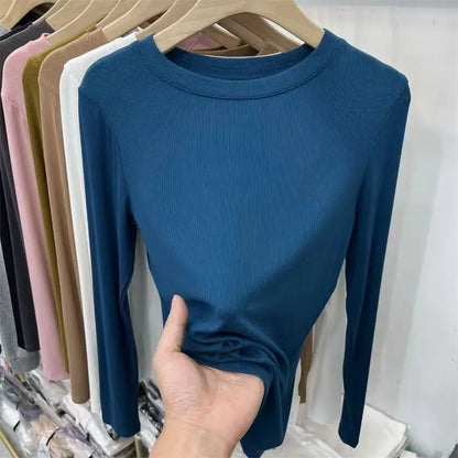 Outono Escritório Senhora Básica Gola Redonda Slim T-Shirt Feminina Cor Sólida Multicor Tendência Versátil Casual Top Manga Longa Elástico Canelado