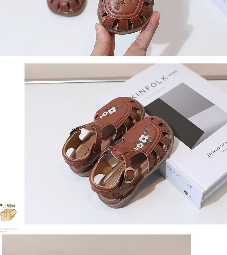 Traditional Chinese Embroidery Kids Shoes for Girl Sandals Summe Retro Princess Shoes Roman Style Girls Leather Shoes Kid F05173