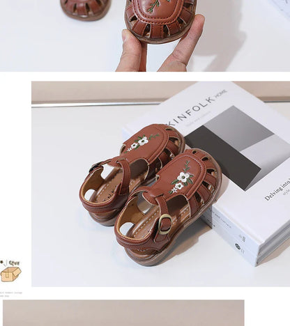 Traditional Chinese Embroidery Kids Shoes for Girl Sandals Summe Retro Princess Shoes Roman Style Girls Leather Shoes Kid F05173