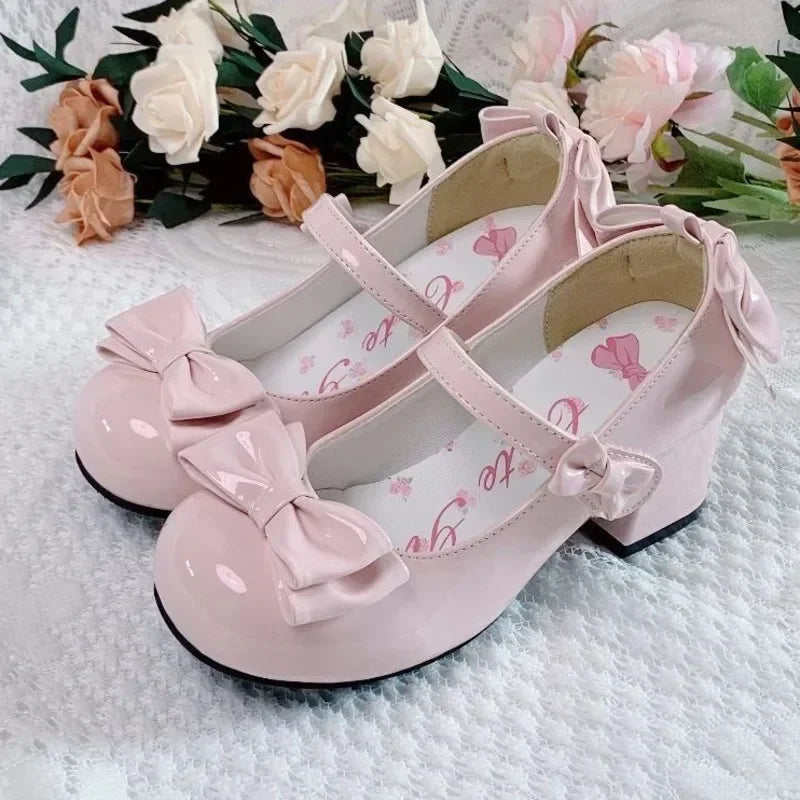 2024 Style Cute Round Head  Jane Pumps With Bow Women's Sweet Party Dress Midi Heels Shoes Fashion PU Sandals